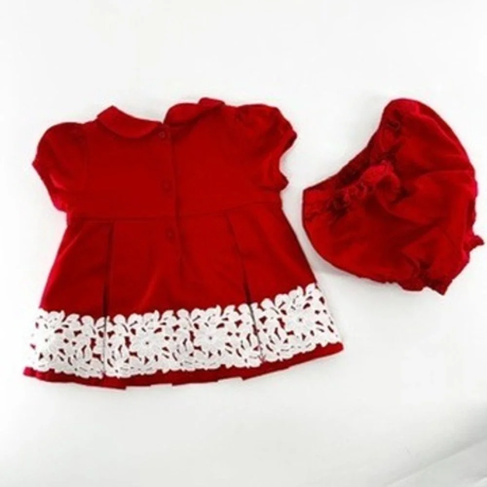 Janie and Jack Red Lace‎ Trim Dress and Bloomers Set Baby Girl 12 18 Months